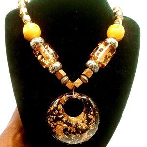 Women Artisan Necklace Gold Foil Flakes Resin Pendant Wood Beaded Accent Jewelry